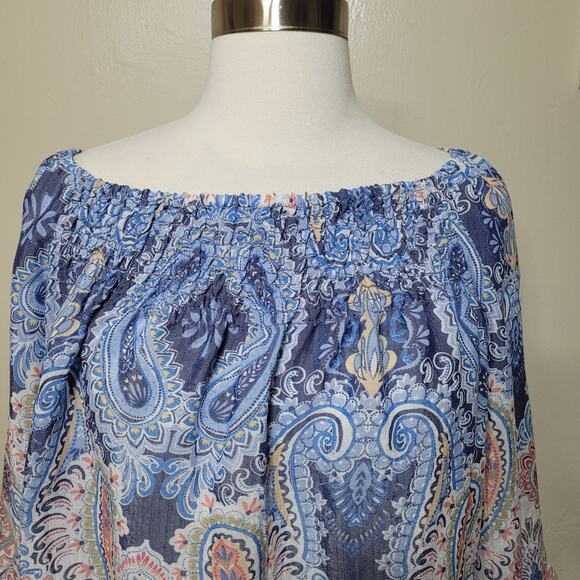 Zac & Rachel Women's Blue Paisley Blouse Top 3/4 Bell Sleeve Off Shoulder Medium - Picture 4 of 9